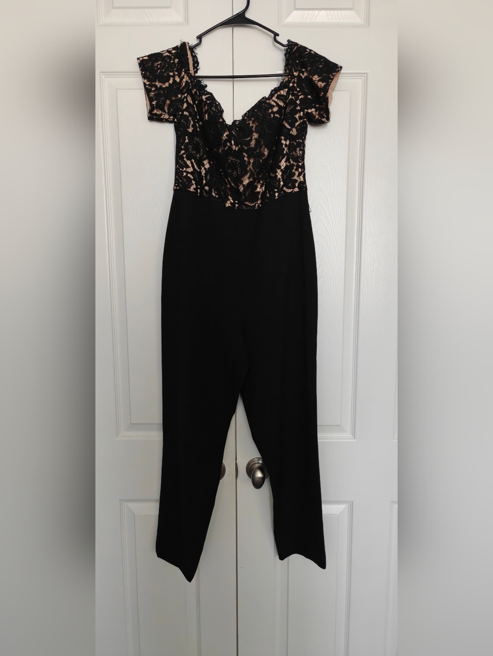 Black Lace-Top Off The Shoulder Jumpsuit with Nude Lining, Size 10